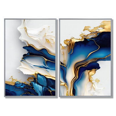 Abstract Geode Gold And Blue Marble Shape - Abstract Marble Wall Decor, Blue Abstract Framed Wall Art 2 Piece