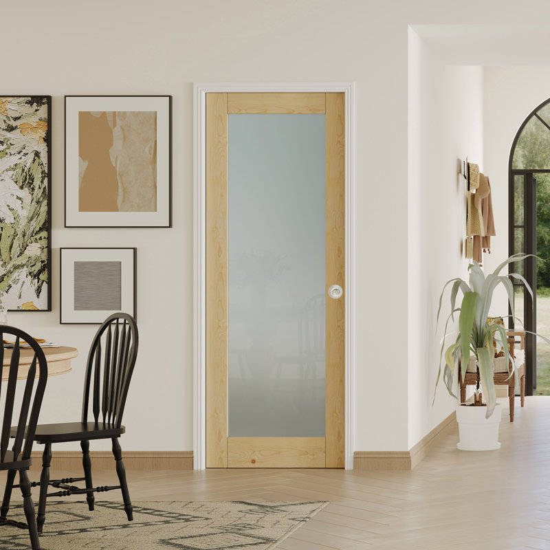 Porte intérieure à dalle - Porte en bois massif en verre givré avec poignée ronde argentée, 32 po x 80 po, Argent