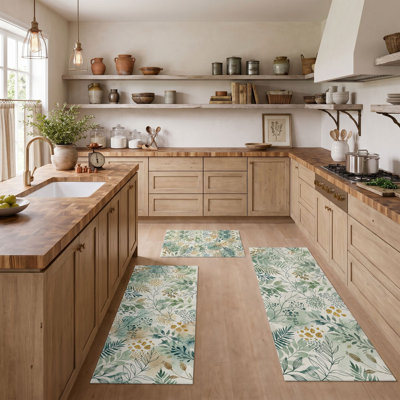 Floral Pattern Non-Slip Washable Kitchen Mats (Set of 3)