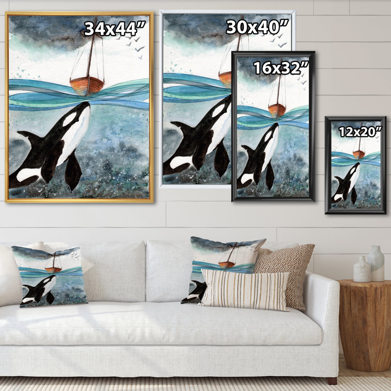 Orque dans la mer bleue - Peinture sur toile, H 32 po x l 24 po x P 1 po, Cadre flottant en érable