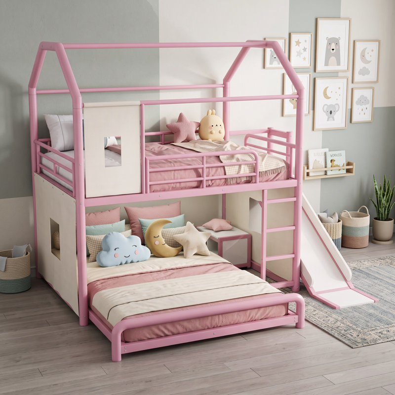 Lit superposé en métal avec bande lumineuse, glissade, tablettes et tringle, Double sur double, Rose
