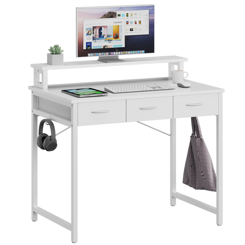 31.4'' W Small Computer Desk with Drawers, Monitor Stand & Hooks, White