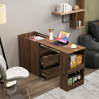 L-shaped computer desk with storage drawers and shelves, rich brown finish, compact foldable workstation for home office