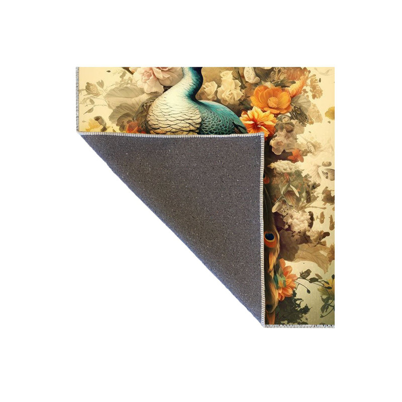 Tapis jaune lavable à la machine moderne multicolore à motif de paon, Rectangle 3 pi 11 po x 5 pi 11 po
