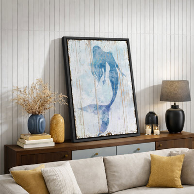 Sirène «sirène bleue sur panneau de bois effet d'art, photos de salle de bain de plage côtière nautique, grande impression sur toile encadrée,»