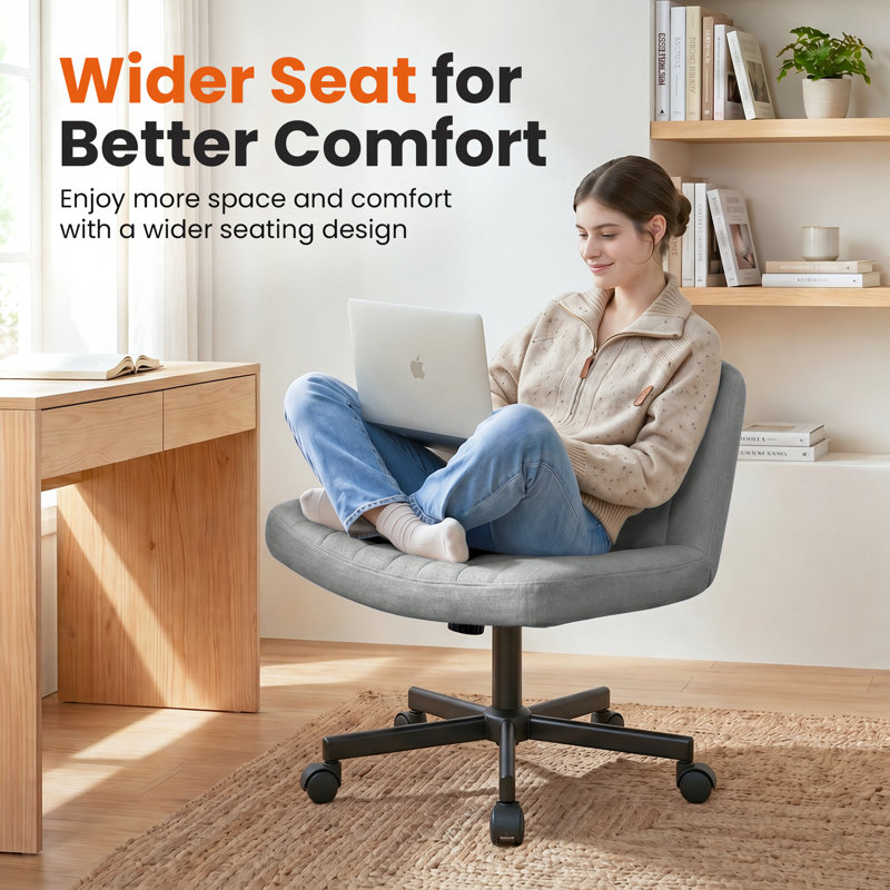 Keyri Criss Cross Desk Chair, Armless Cross Legged Office Chair With Wheels, Gray, Single Wheel, Fabric