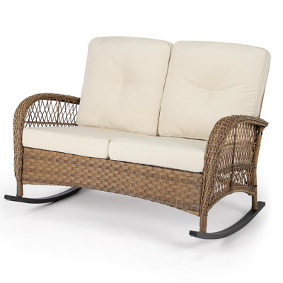 Wicker Patio Rocking Loveseat, Oversized Outdoor Double Rocking Chair With Cushions And High Back,All-Weather 2 Seat Sofa Bench Rocking Wicker Furnit