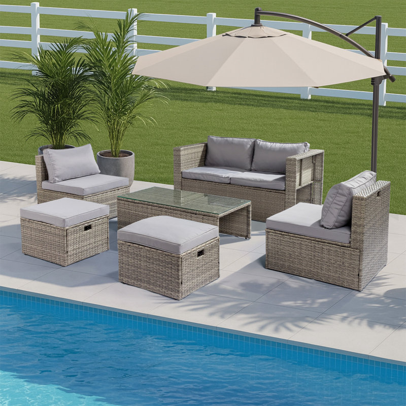 Patio 6-Piece Grey Wicker Conversation Set With Grey Cushions, Gray, Gray