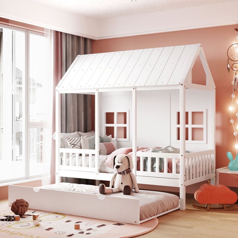 Rezac Standard House Style Bed with Trundle, White, Twin