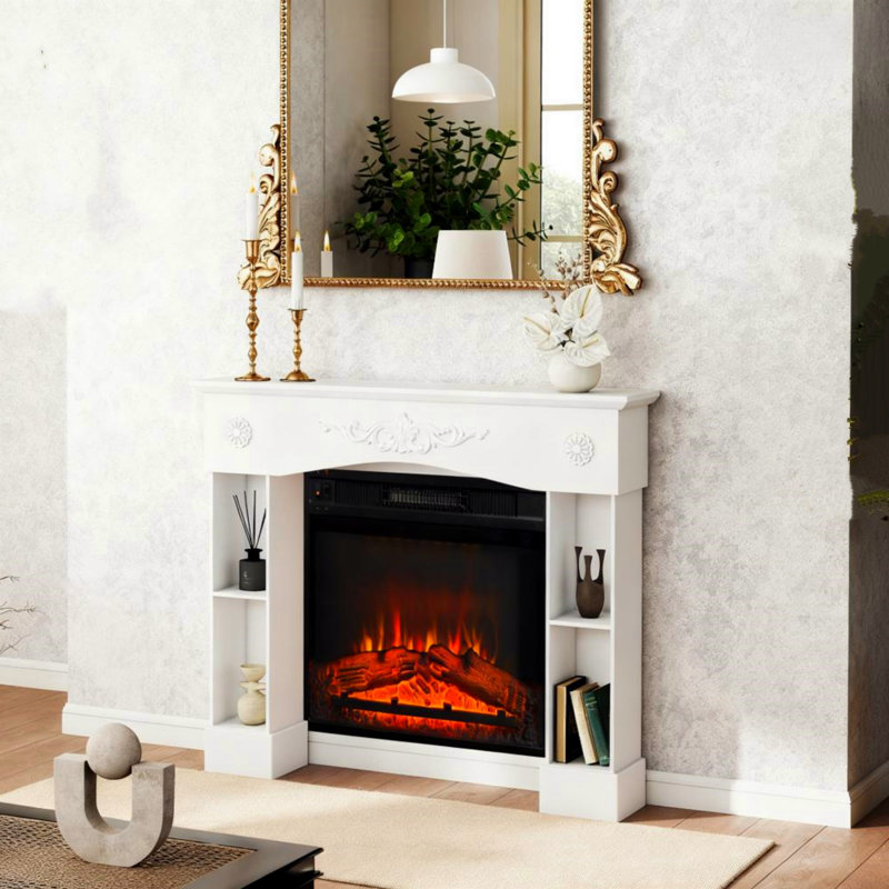 Baroque-Style Mantelpiece, Freestanding Fireplace Surround With Legs, Suitable For Electric Fireplaces, White Wood Grain Finish