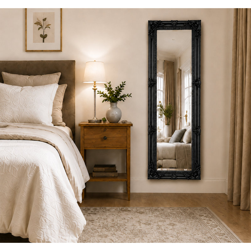 Sade Tall Solid Wood Framed Wall or Dressing Mirror, Black