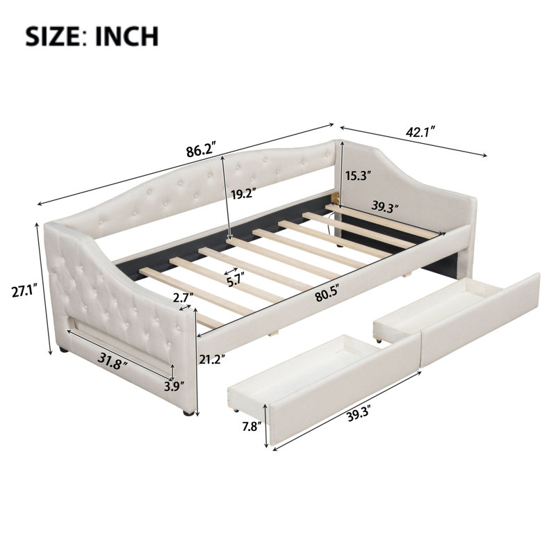 Tiroir de rangement pour lit de jour beige en bois massif avec panneau de fibres à densité moyenne beige, Beige