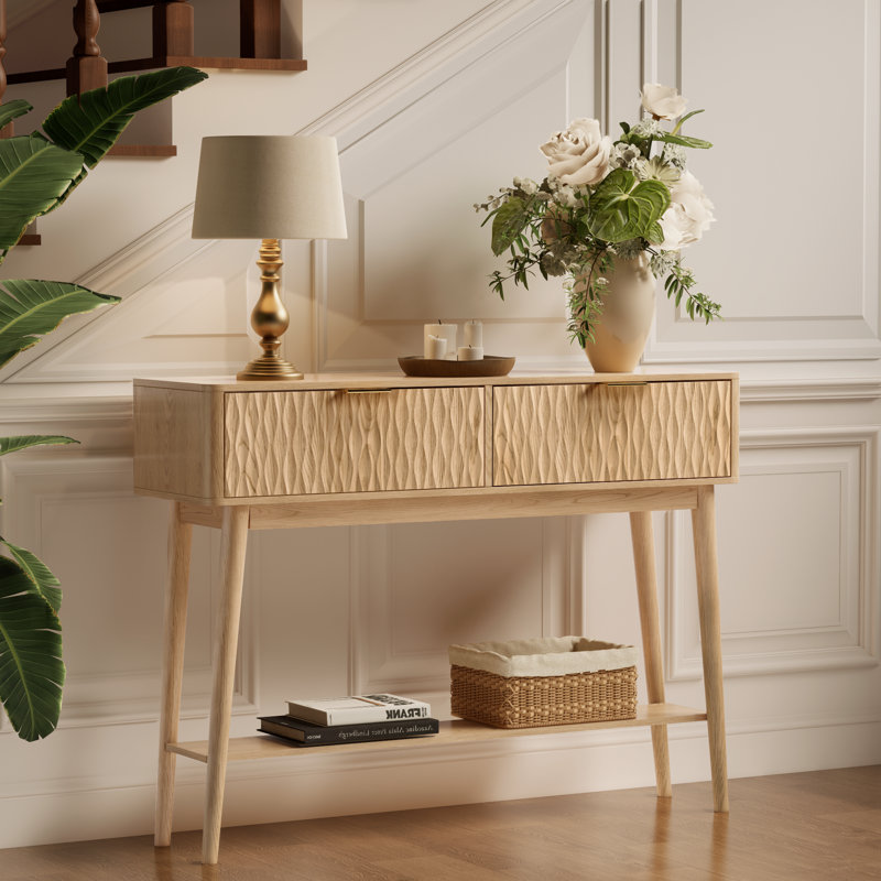 Console Table with Solid Wood Legs, Boho Modern Entryway Table with Storage Drawers, Fluted Narrow Sofa Table for Hallway,Living Room