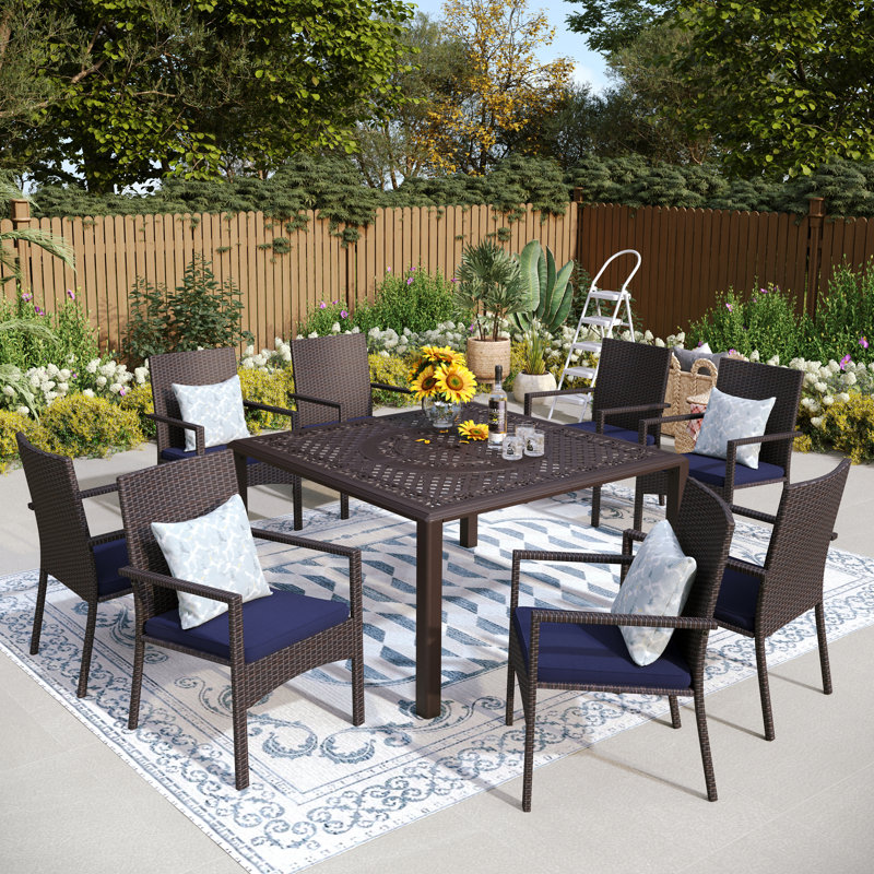 Asfand 8 - Person Patio Dining Set with Square Table , Cushions Included, Blue