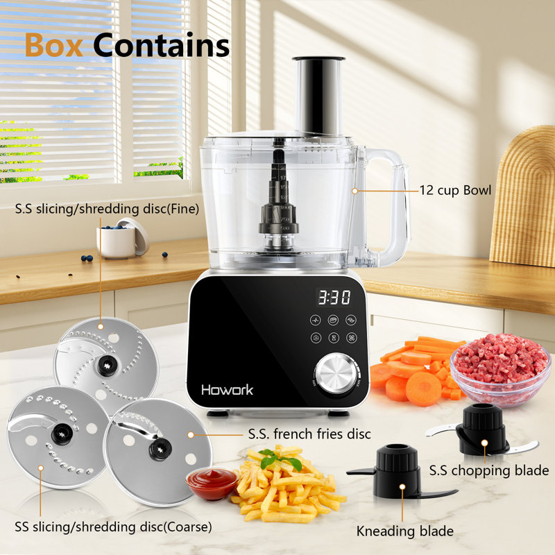 Howork Food Processor,600 Watts,11-Speed Food Chopper Meat Grinder 6 Functions for Chopping, Slicing,Purees & Dough with 12 Cup Processor Bowl,5 Blades,Food Chute & Pusher