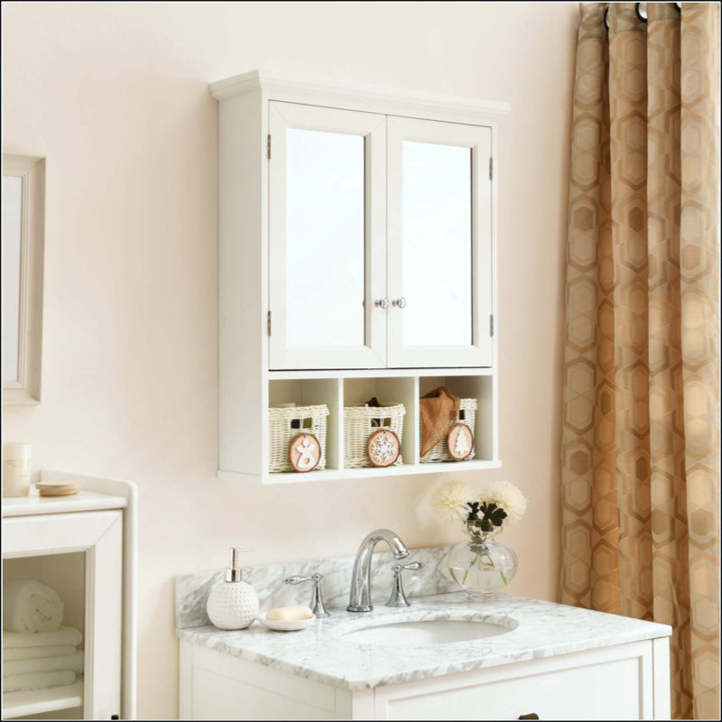 Armoire de rangement pour salle de bain, armoires à pharmacie pour salle de bain avec miroir, 2 portes, 2 tablettes réglables + 3 paniers de rangement de style Noël, armoire murale en bois pour la salle de bain