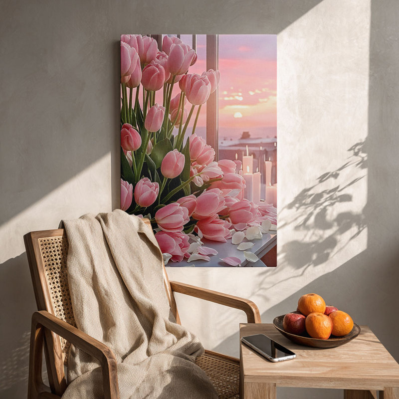 Cadre romantique tendu en tulipe romantique «Blush Tulips with Sunset & Candles» pour studio confortable