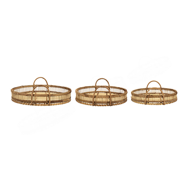 Set Of 3 Round Decorative Brown Bamboo Woven Trays With Handles