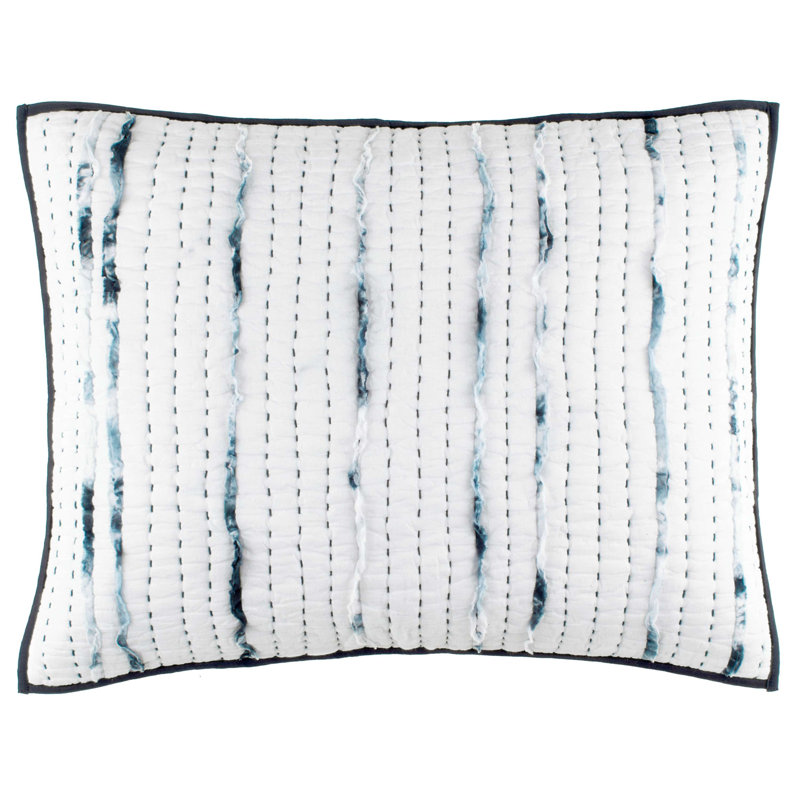 Standard White and Indigo Cotton Kantha Stitched Sham