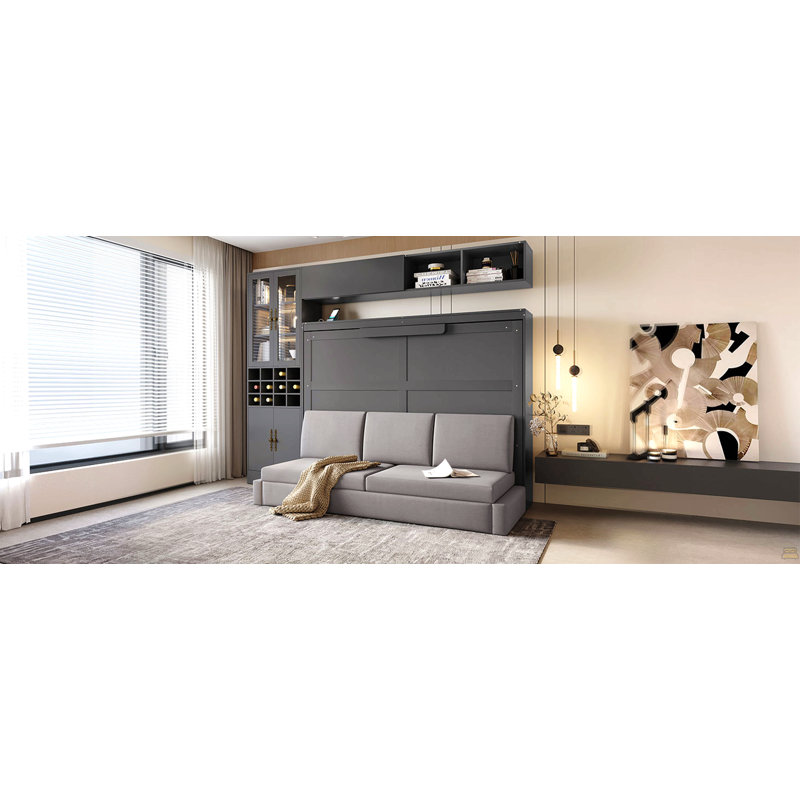 Lit escamotable double pleine grandeur avec canapé, tablettes USB et lumière