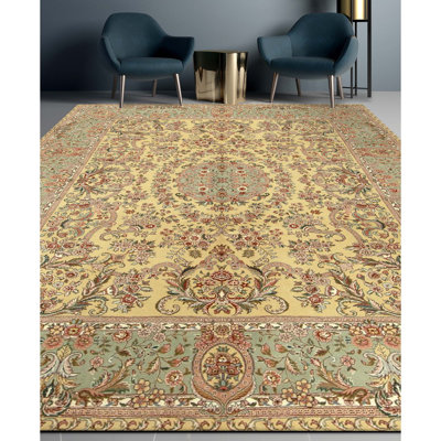 Tapis doré et vert clair de haute qualité noué à la main