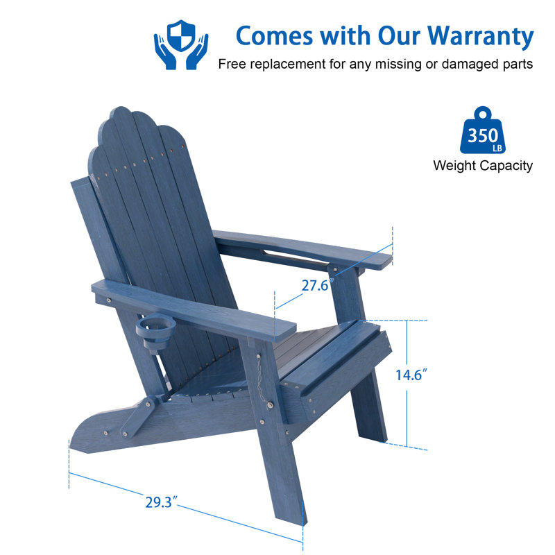 Heavy Duty HDPE Folding Adirondack Chair 350 lbs Capacity, Outdoor Adirondack Chair With Cup Holder for Patio, Lawn and Balcony