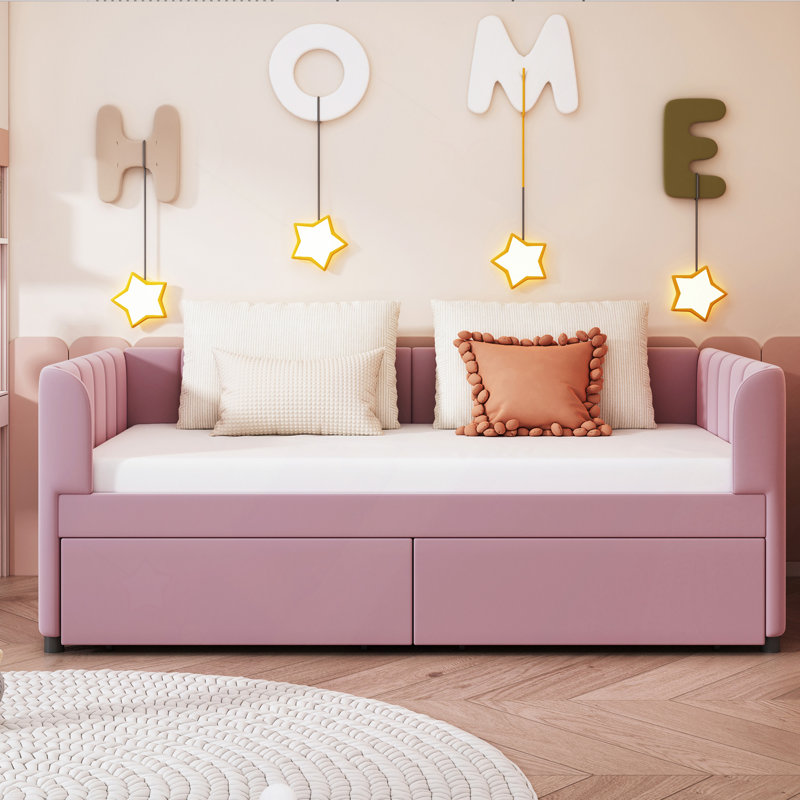 Lit de jour rembourré avec dossier ergonomique et 2 tiroirs, Rose