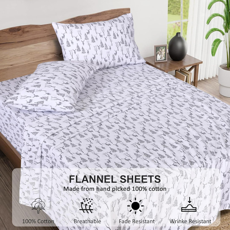 100% Cotton Flannel Sheet Set 4 Piece Warm Cozy Fall Sheets 16 inch Deep Pocket Bed Sheets, Dry Winter Floral