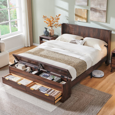 Queen Size Fluted Bed Frame With Wingback Headboard & Footboard Storage Bench