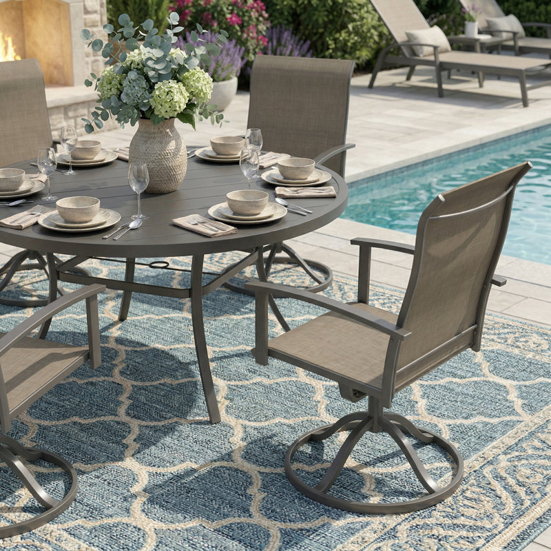 6-Person Patio Dining Set With Swivel Chairs, Black/Brown