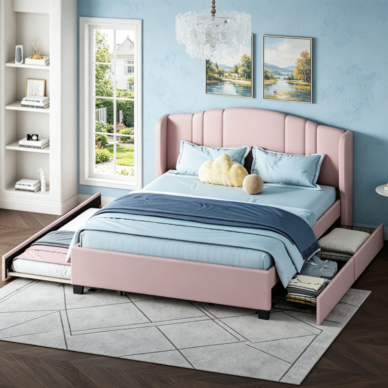 Upholstered Platform Bed With Wingback Headboard, Twin Trundle, And 2 Drawers, No Box Spring Needed, Linen Fabric, Queen Size