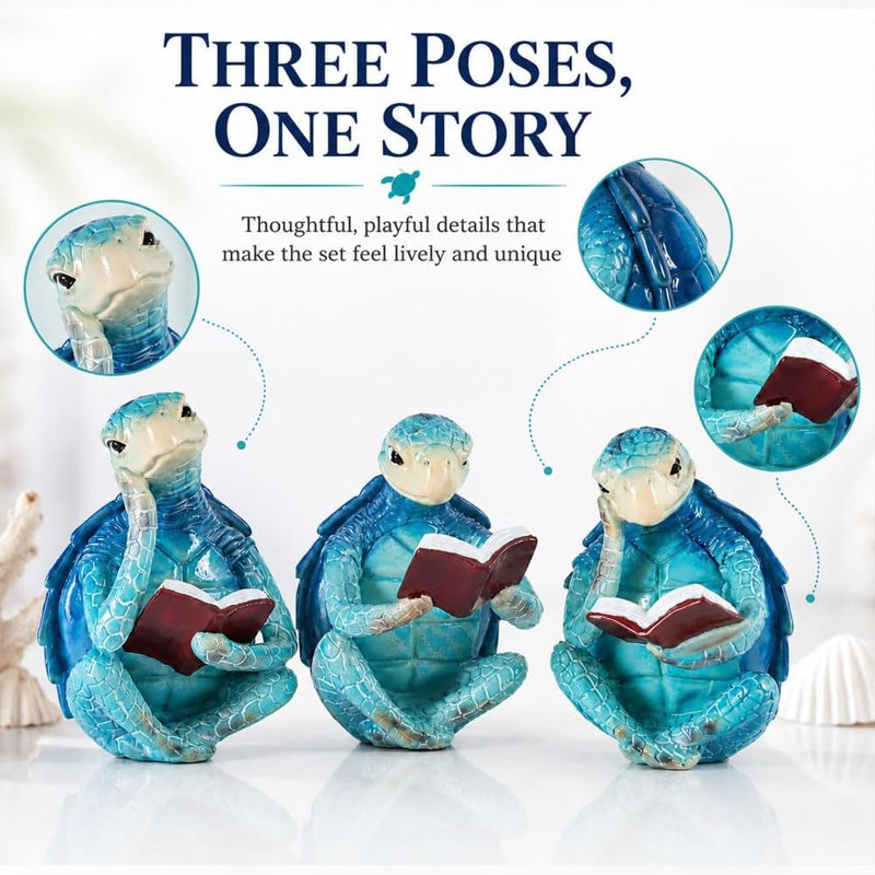 Sculptures de tortues marines bleues en résine, lot de 3