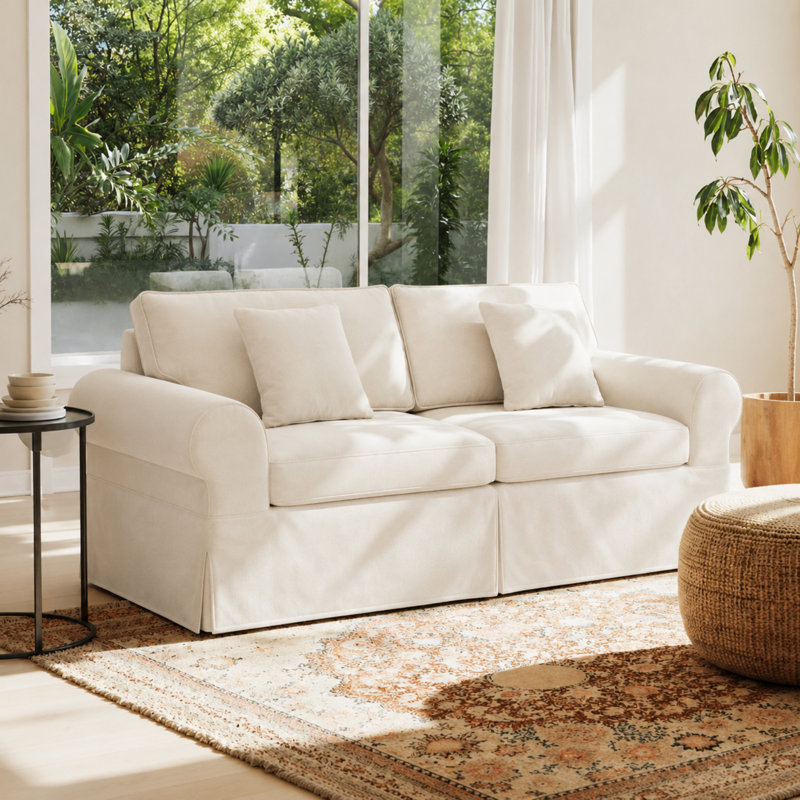 Greco Vintage Upholstered Boneless Three Seat Couch Compressed Delivery Tool Free Setup Sofa, Beige