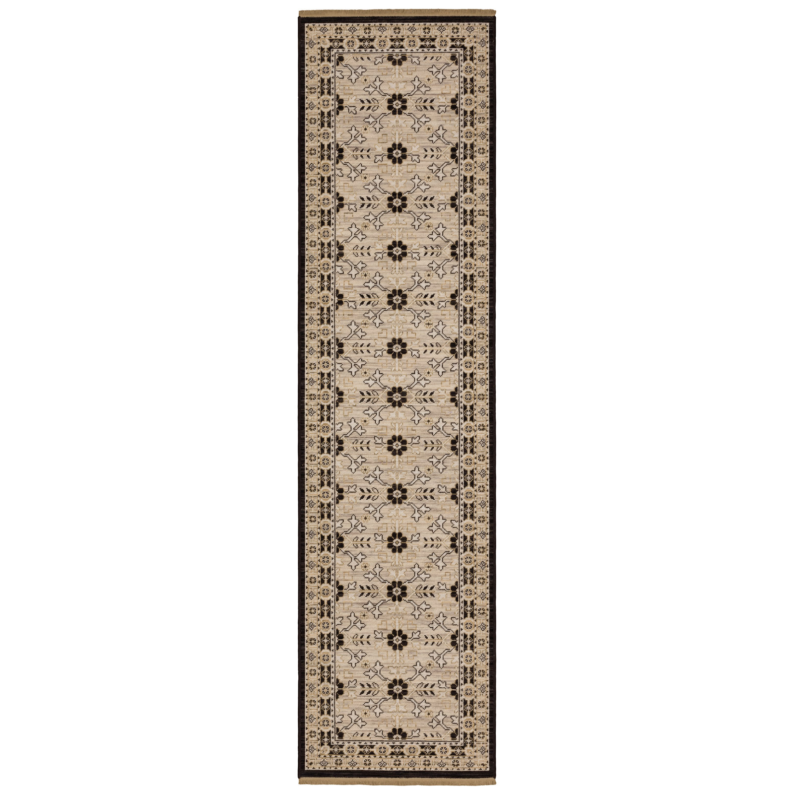 Abena Traditonal Bordered Floral Beige/ Black Wool Blend Area Rug, Runner 2'6" x 10'
