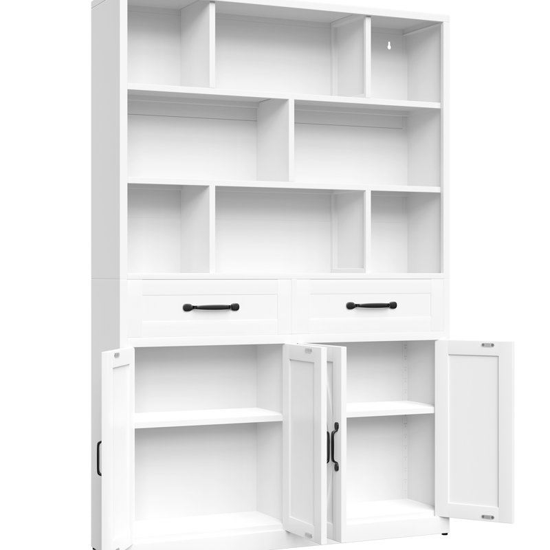 Bibliothèque blanche en métal avec tablettes ouvertes, 2 tiroirs et portes pour le bureau à domicile ou le bureau, Stable Stylish