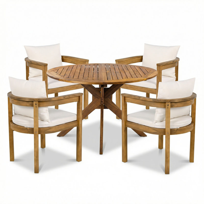 Ensemble repas d'extérieur en bois d'acacia de style bord de mer avec fauteuils rembourrés et table à lattes ronde Renaud