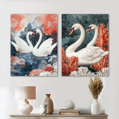 Two Swans Love of Elegance I – Swan Large Metal Wall Art Print Set of 2