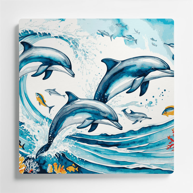 «Hawaiian Dolphins», art mural en métal bleu, H 12 po x l 12 po