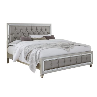 Silver Champagne Tone Full Bed Padded Headboard Padded Footboard Mirror Trim Accents -  Rosdorf Park, FC50286492F14991AFF210DBDA0741E8