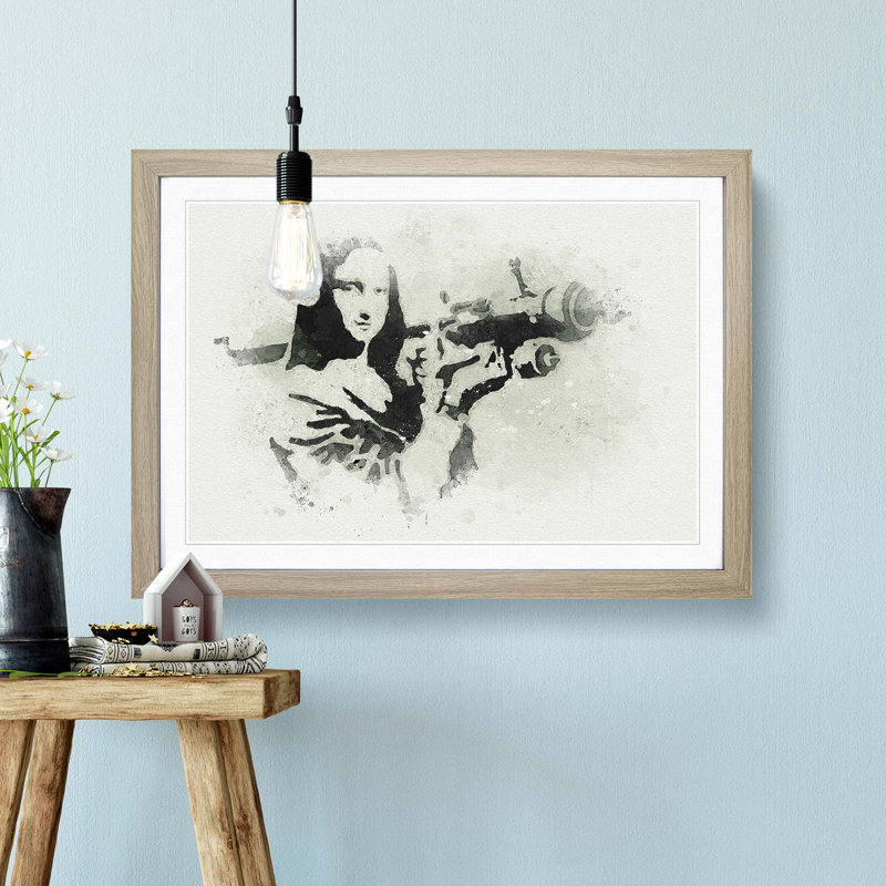 Mona Lisa by Banksy - Picture Frame Graphic Art Print on MDF, 27cm H x 36cm W x 2cm D, Oak Framed
