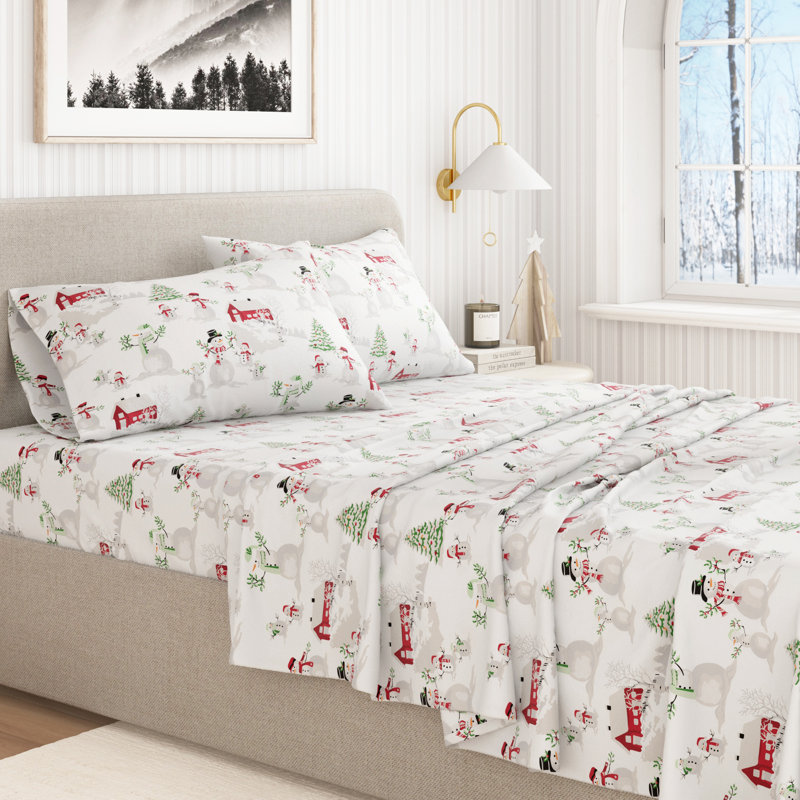 100% Turkish Cotton Flannel Christmas Sheet Sets, Winter Wonderland, King with 2 Pillowcases