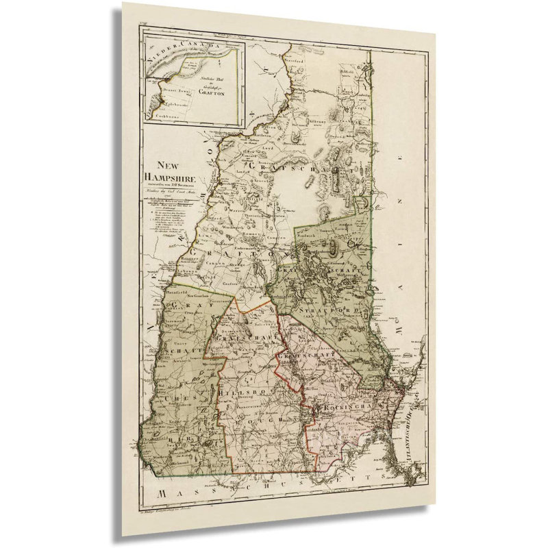 «1796 New Hampshire Map», art mural, H 24 po x l 16 po x P 0,1 po