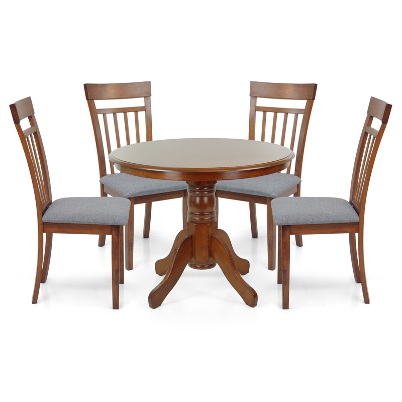 Ensemble de table de salle à manger 5 pièces, 4 chaises chaudes en bois massif de style classique avec table ronde à piédestal, ensemble de salle à manger avec coussins gris