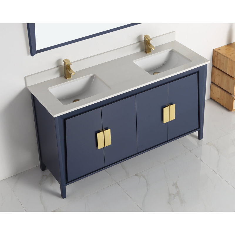 Larvotto Navy Blue 60'' Double Bathroom Vanity with White Quartz Top