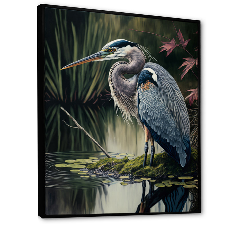 Héron au bord de la rivière - reproduction sur toile, H 32 po x l 24 po x P 1 po, Toile avec cadre flottant noir