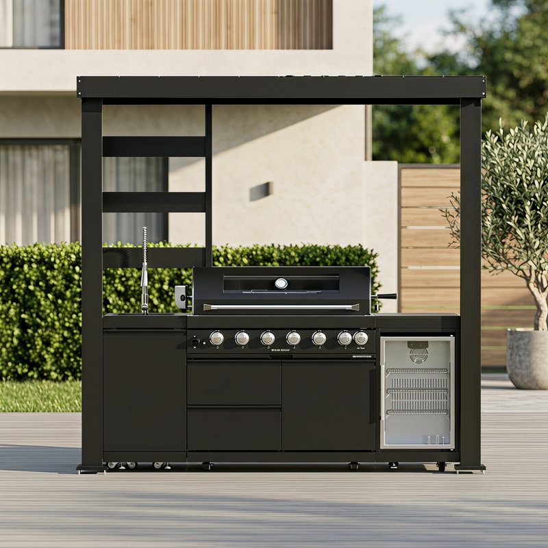 Îlot de cuisine extérieure tout-en-un argenté de 94,3 po avec auvent, évier et mini-réfrigérateur, L 94,3 po, Noir