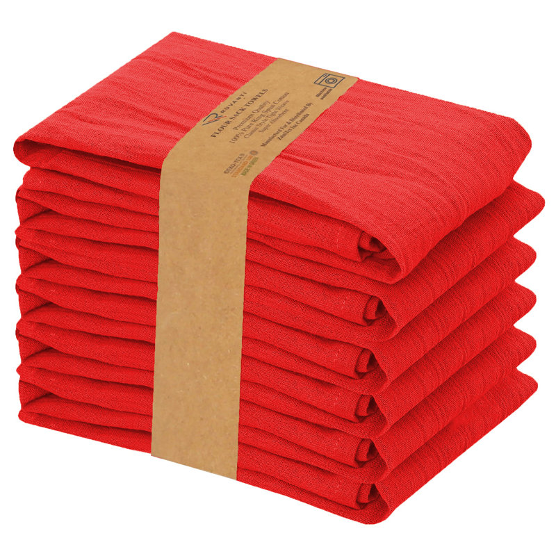 100% Cotton Solid Flour Sack Dishcloth Kitchen Towels Set for Dish Drying & Cleaning, 24, Red