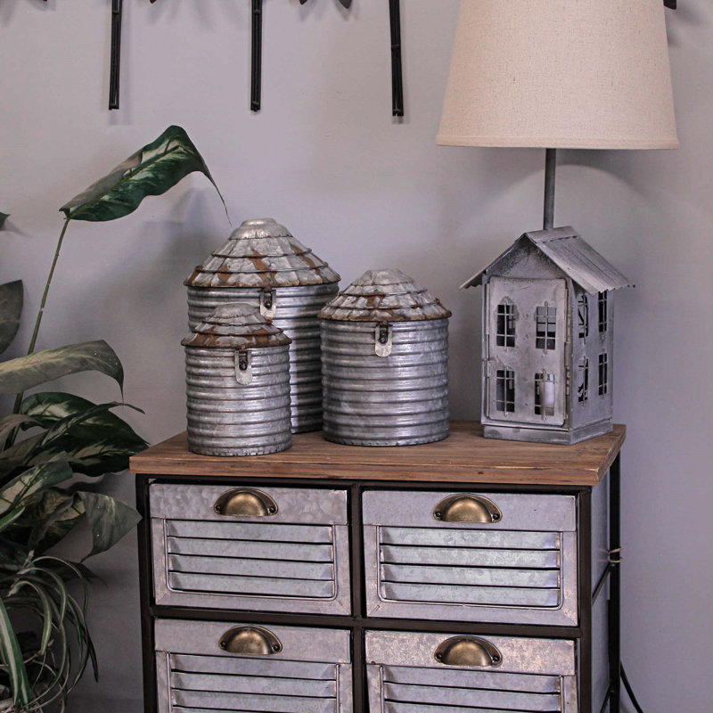 Set of 3 Grey Galvanized Metal Farmhouse Silo Canisters
