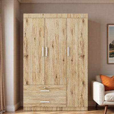 3 Door Storage Closet Wardrobe With 2 Drawers And 2 Hanging Rods