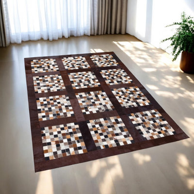 Dark Brown Cowhide Checkered Patchwork Rug